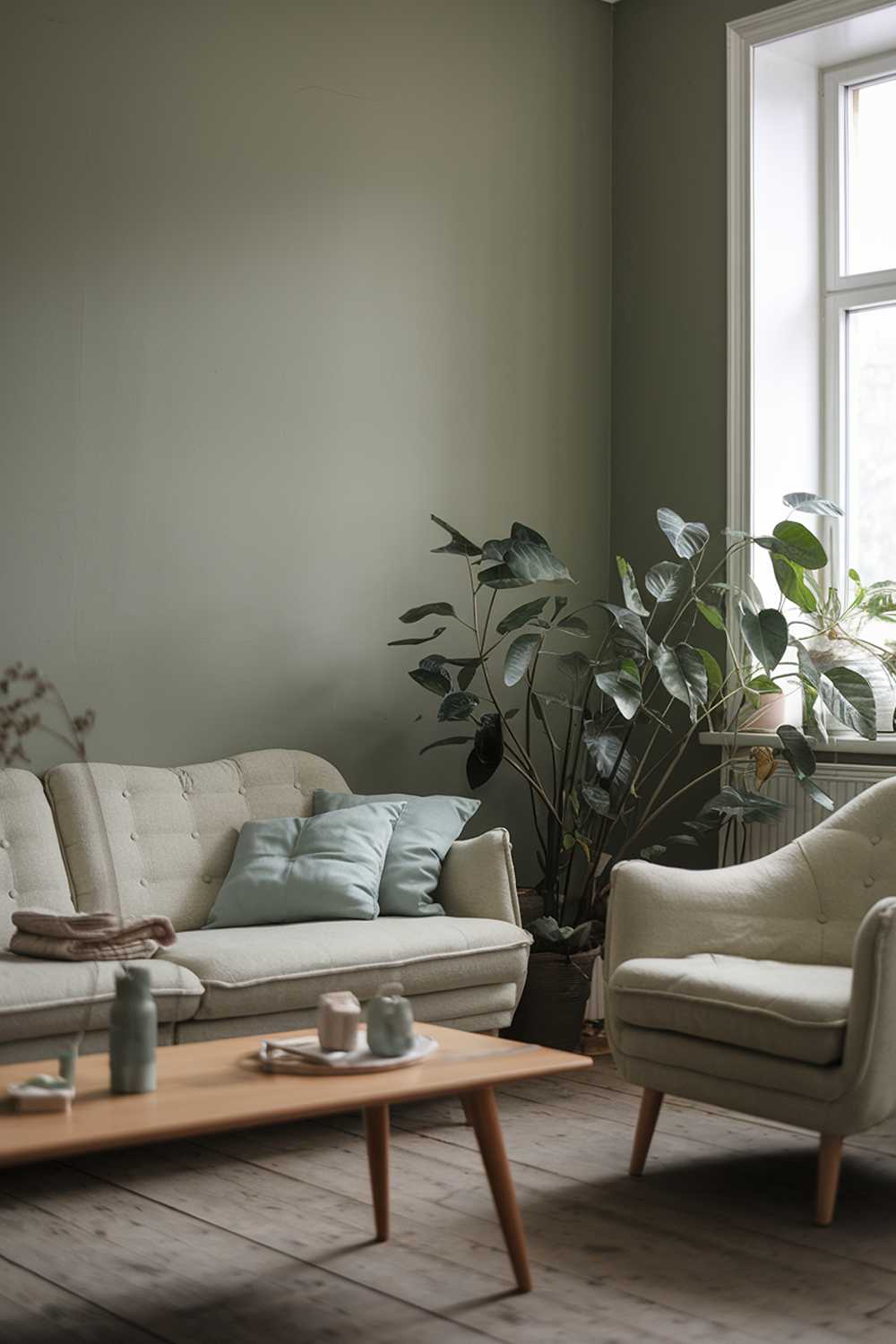 A sage green Scandinavian living room. There is a beige sofa with a few cushions and a beige armchair. There is a wooden coffee table with a few objects on it. The walls are sage green. There is a green plant near the window. The floor is wooden.