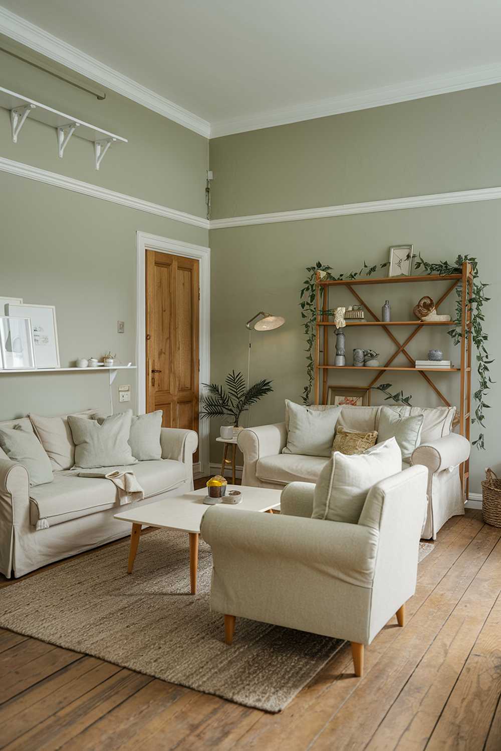 A cozy Scandinavian living room with a sage green color scheme. The room features a beige sofa with multiple cushions, a beige armchair, and a beige rug. There is a white coffee table in the center. A wooden bookshelf with greenery is placed against one wall. The wall has a white shelf near the ceiling. The floor is made of wooden planks. There is a lamp on the beige sofa and another lamp near the white shelf. The room has a wooden door. The walls are painted sage green.