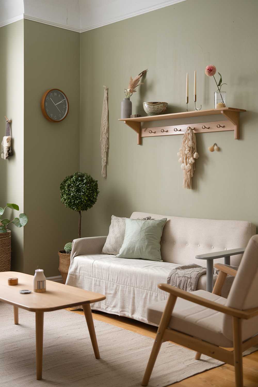 A Scandinavian living room with sage green walls. There is a beige sofa with a few cushions. There is a beige chair in the corner. A wooden coffee table is placed in front of the sofa. A plant pot with a small plant is placed near the wall. A wooden shelf is mounted on the wall above the sofa. It has a few items, including a decorative bowl, a vase with a flower, and a candle. The floor is covered with a beige rug. The room has a few items of decor, including a wall clock and a few hanging items.