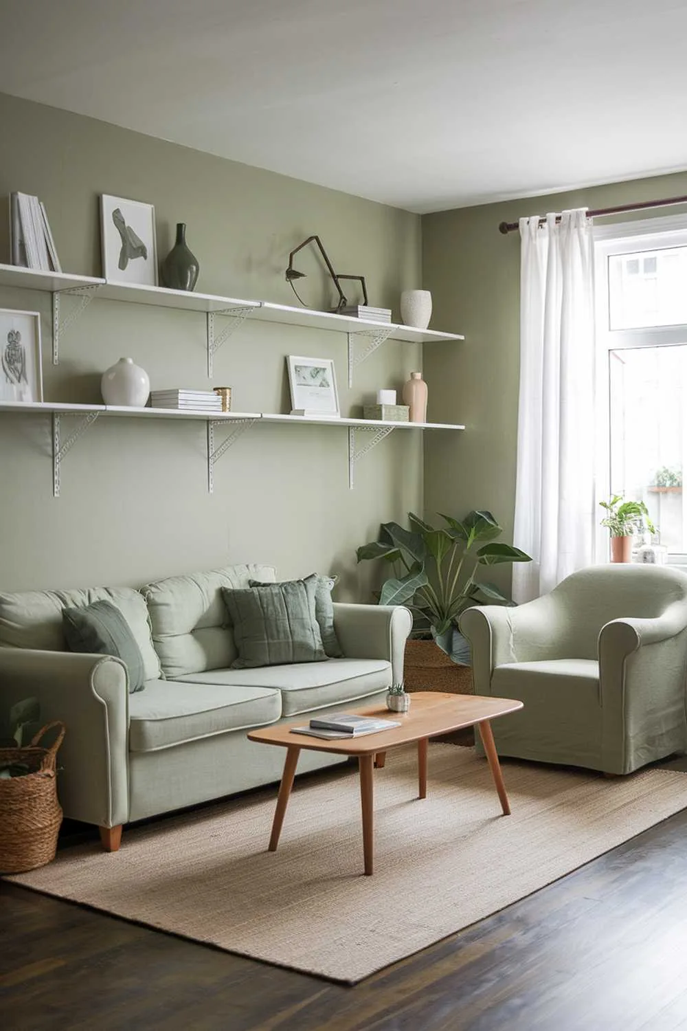 A cozy Scandinavian living room with a sage green color scheme. The room features a beige sofa with green cushions, a green armchair, and a beige rug. There is a wooden coffee table in the middle of the room. The walls are painted sage green, and there are white shelves along the wall. The shelves hold white and green decorative items. There is a potted plant near the window. The window has white curtains. The floor is made of dark wood.