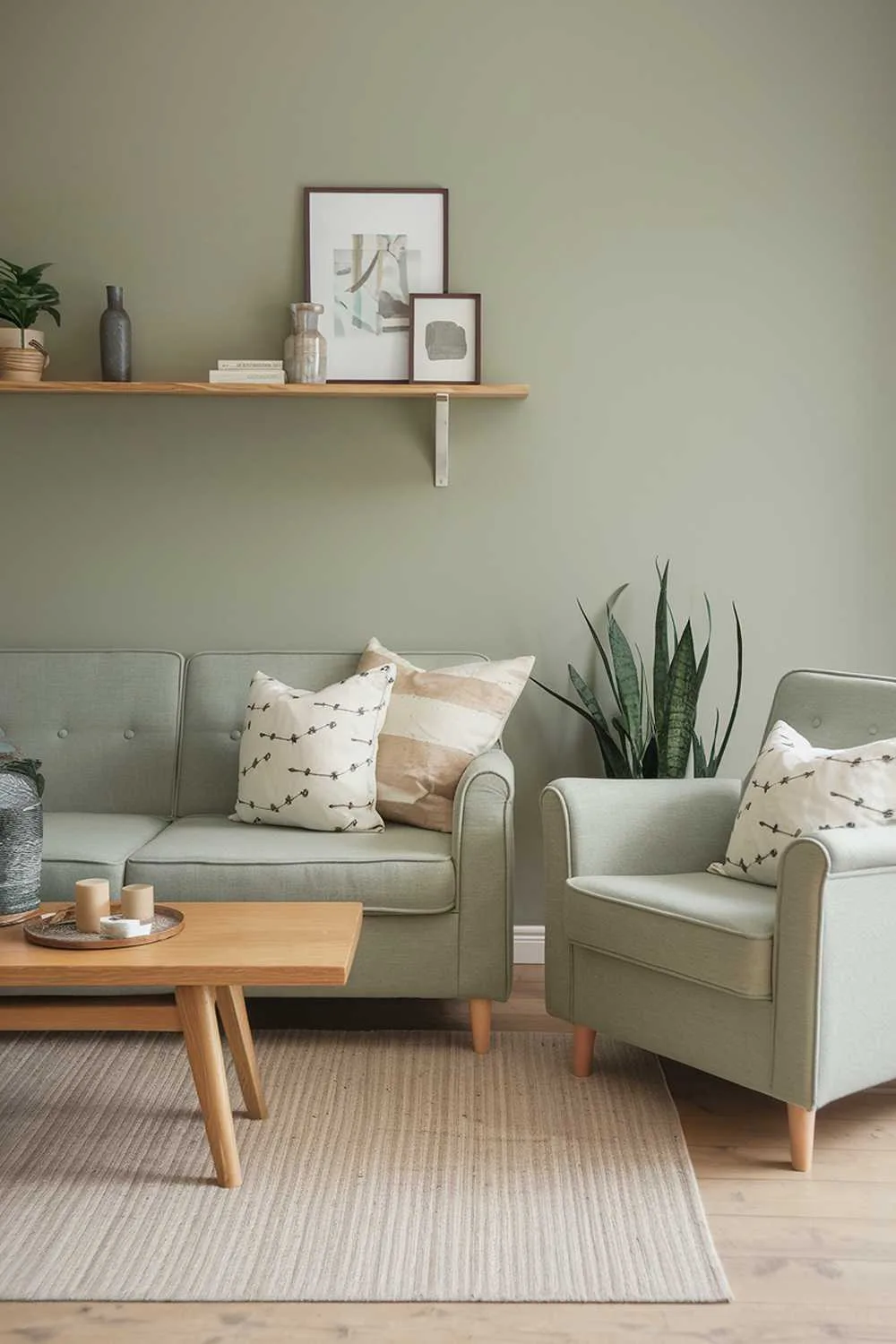 A Scandinavian-style living room with a sage green sofa and armchair. There's a wooden coffee table in the middle. A few pillows with white and beige patterns are placed on the sofa and armchair. A beige rug is placed under the coffee table. The walls are painted sage green. There's a potted plant near the armchair. A wooden shelf with a few decorative items is placed above the sofa.