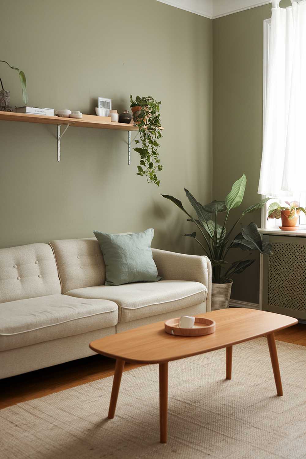 A Scandinavian living room with sage green walls and a beige rug. There is a beige sofa with a sage green pillow and a wooden coffee table in the middle of the room. A wooden shelf is placed above the sofa, holding a few objects. A potted plant is placed near the window. The lighting is soft.