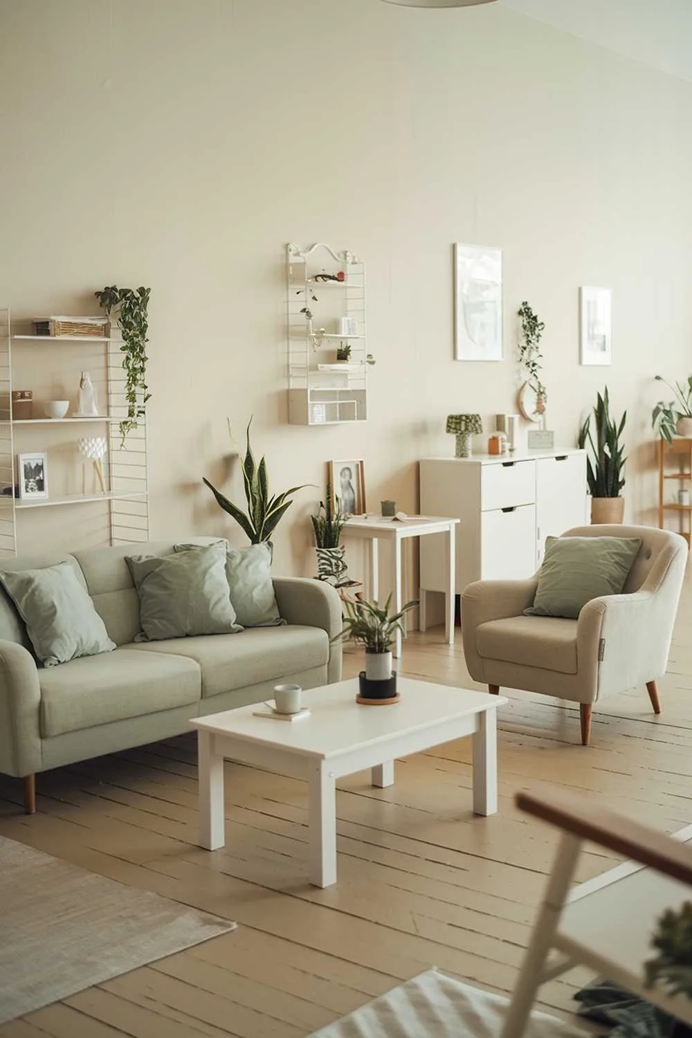 A Scandinavian-style living room with a sage green color scheme. There's a beige sofa with sage green pillows, a beige armchair, and a white coffee table in the middle of the room. There are also a few pieces of white furniture along the walls, including a shelf, a cabinet, and a table. The floor is made of beige wood planks. A few plants and decorative items are placed around the room. The lighting is soft.