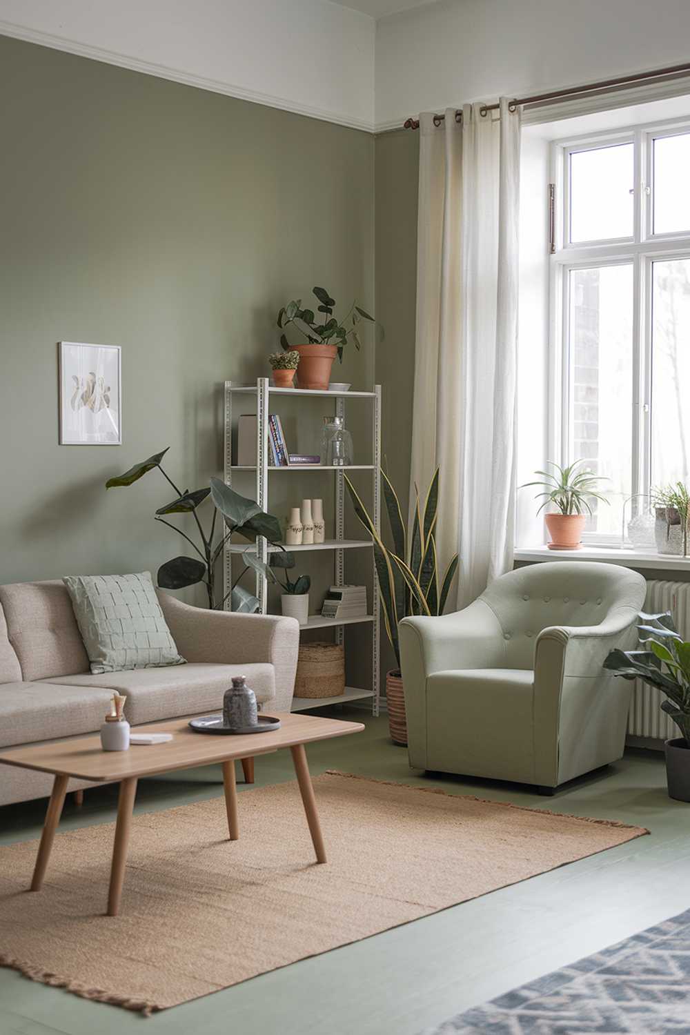 A Scandinavian living room with a sage green color scheme. The room features a beige sofa with a few throw pillows and a sage green armchair. There's a beige rug on the floor and a wooden coffee table in the center. The walls are painted sage green, and there are a few potted plants. A white bookshelf with a few books and decorative items is against one wall. The room has a large window with white curtains.