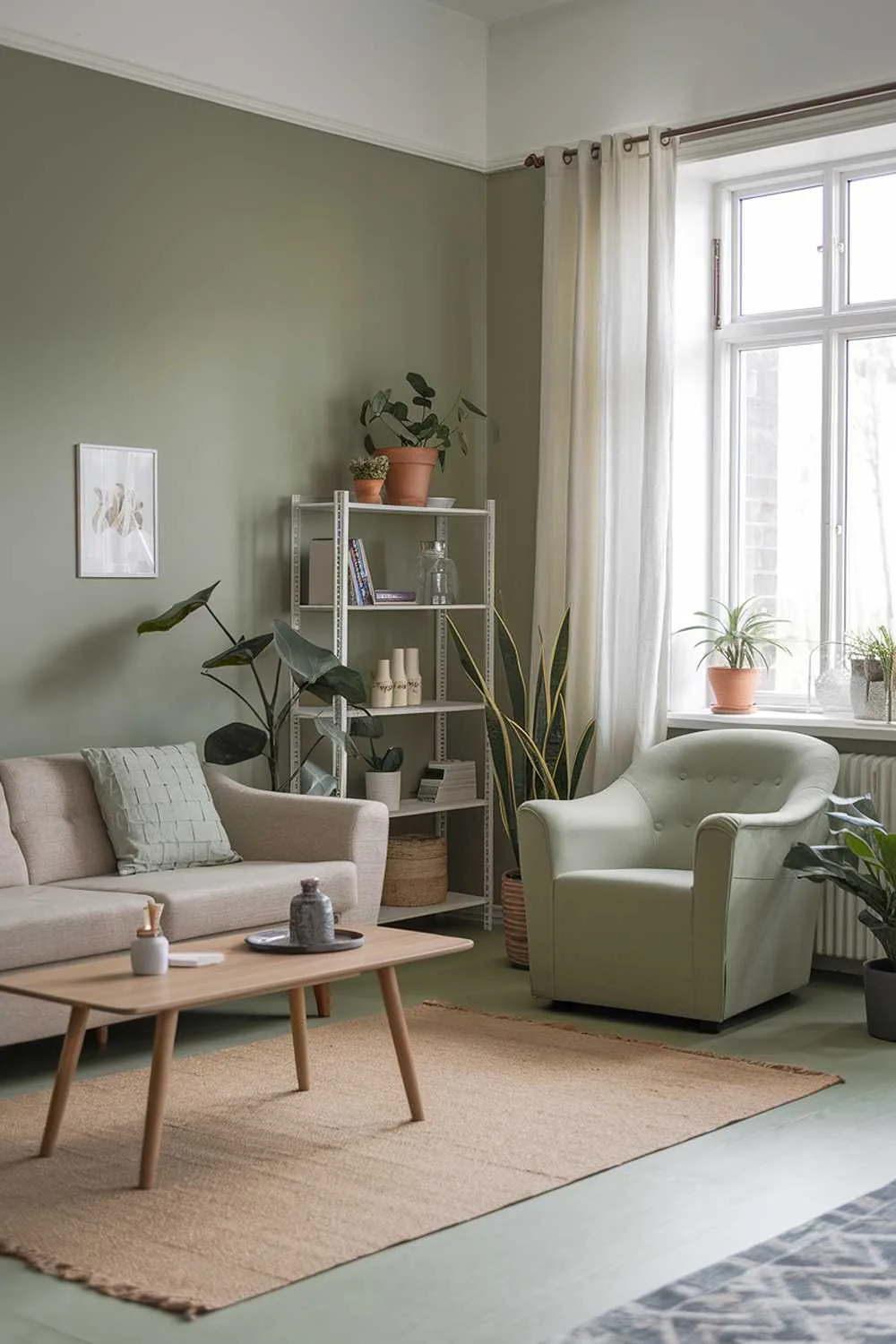 A Scandinavian living room with a sage green color scheme. The room features a beige sofa with a few throw pillows and a sage green armchair. There's a beige rug on the floor and a wooden coffee table in the center. The walls are painted sage green, and there are a few potted plants. A white bookshelf with a few books and decorative items is against one wall. The room has a large window with white curtains.