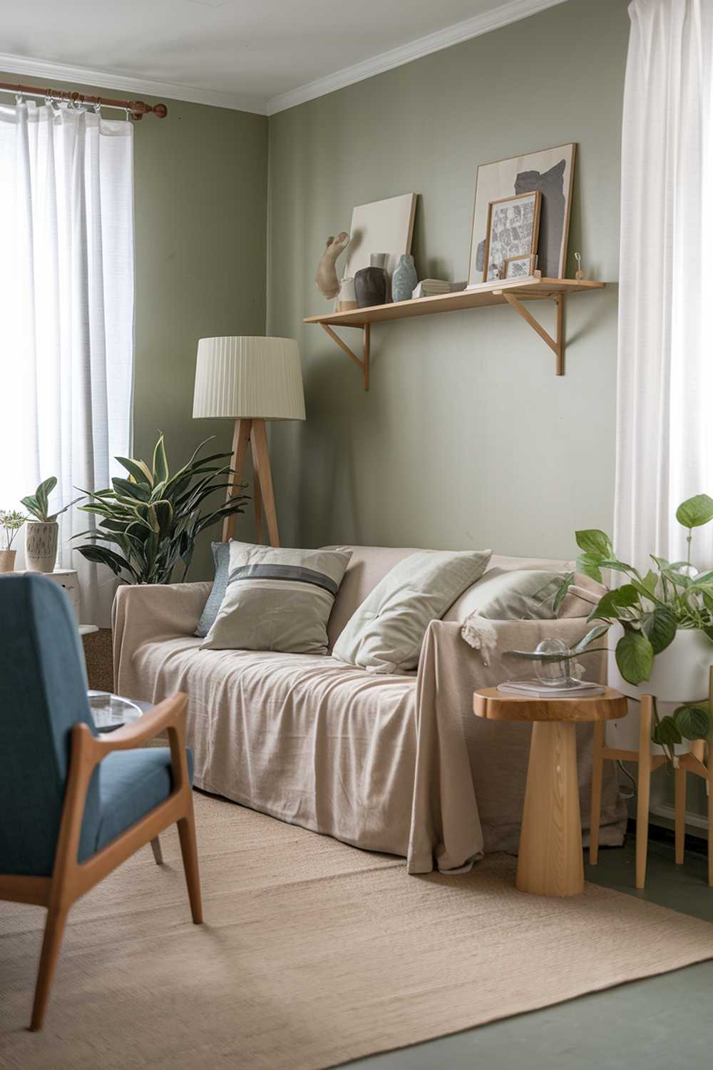 A cozy Scandinavian living room with sage green walls. There's a beige sofa with multiple cushions and a blue chair. A wooden side table is placed near the sofa. A white plant stand holds a green plant. A beige rug covers the floor. The room has a wooden shelf with decorative items. A white lampshade is placed on a wooden stand. The window has white curtains.