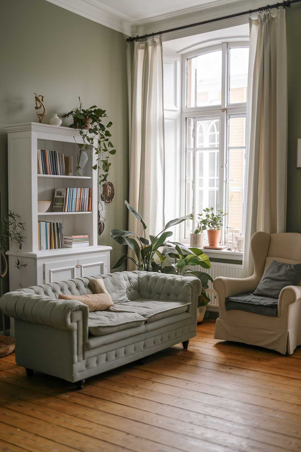 A cozy sage green Scandinavian living room with a few pieces of furniture. There's a plush gray sofa with a beige cushion in the center of the room. To the left is a white bookcase with a few books and some greenery. To the right is a beige armchair with a gray cushion. In the background, there's a large window with white curtains. The floor is made of wooden planks.