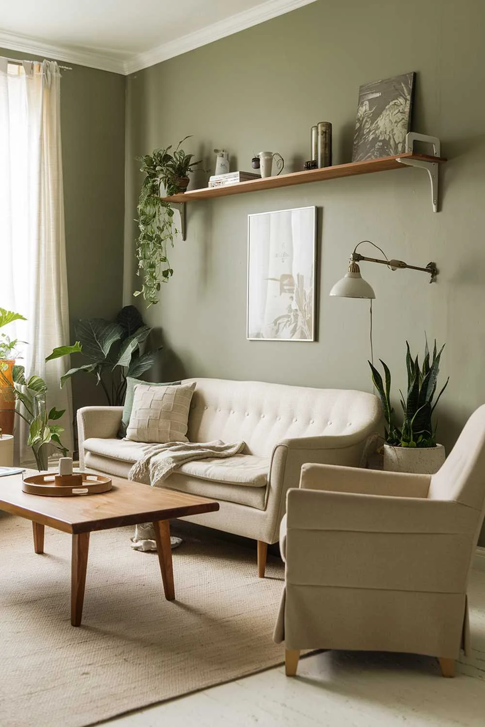 A cozy sage green Scandinavian living room. There is a beige sofa with a few cushions and a wooden coffee table in the middle of the room. A beige armchair is placed near the sofa. The walls are painted in sage green. A vintage lamp is placed on the wooden coffee table. A beige rug is placed on the floor. A wooden shelf with a few items is placed above the sofa. The room has a few plants.