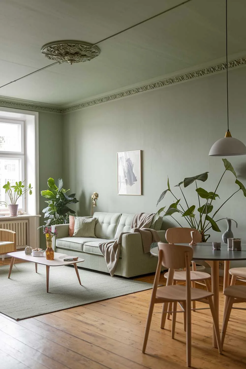 A Scandinavian-style living room with a sage green color scheme. The room has a sofa, a coffee table, a dining table, and a few chairs. There are also a few potted plants. The walls and the ceiling are painted sage green. The flooring is made of wood.