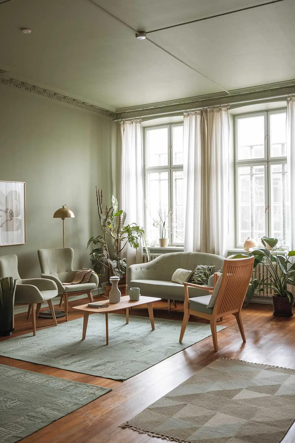 A Scandinavian living room with a sage green color scheme. The room has a sofa, a few chairs, a coffee table, and a plant. There are also a few decorative items, like a vase and a lamp. The walls and the ceiling are painted sage green. There is a wooden floor and a few area rugs. Large windows with white curtains let in natural light.