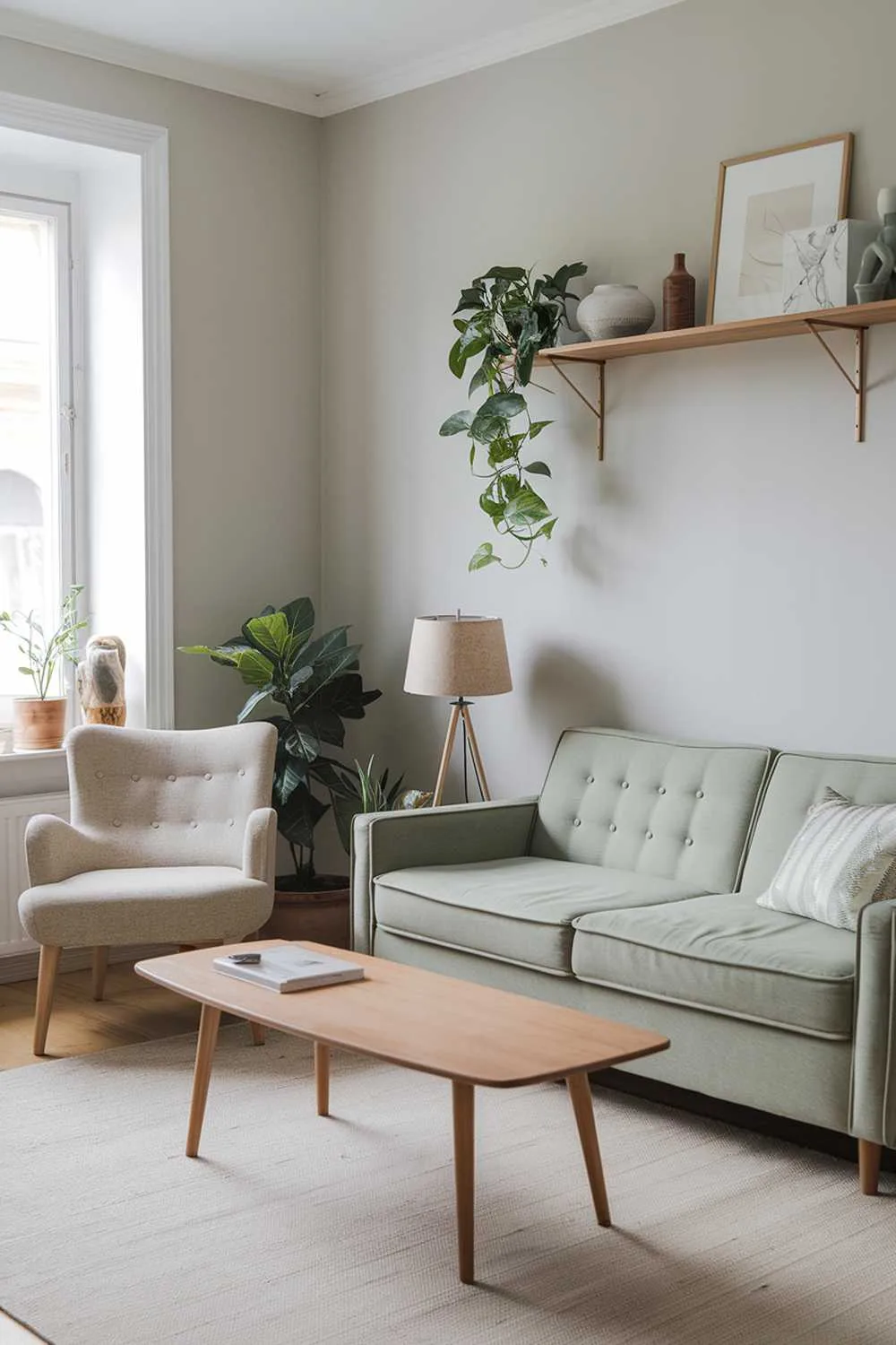 A Scandinavian living room with a sage green sofa and a beige rug. There's a wooden coffee table in the middle. A beige chair with wooden legs is placed near the window. A potted plant is beside the beige chair. A wooden shelf with decorative items is mounted on the wall. A lamp with a beige shade is placed on the wooden shelf. The wall is painted with a light gray color.