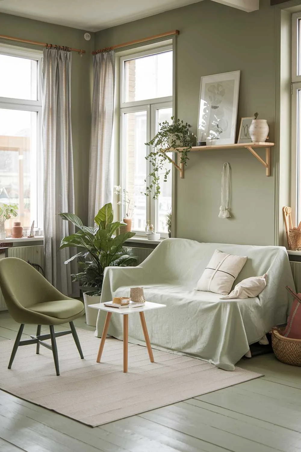 A cozy sage green Scandinavian living room. There's a white sofa with a few cushions and a small white table in front of it. A green chair is placed near the sofa. A plant is placed on the white table. A wooden shelf is placed above the sofa, with a few decor items. The walls and floors are painted sage green. The room has a few windows, with curtains.