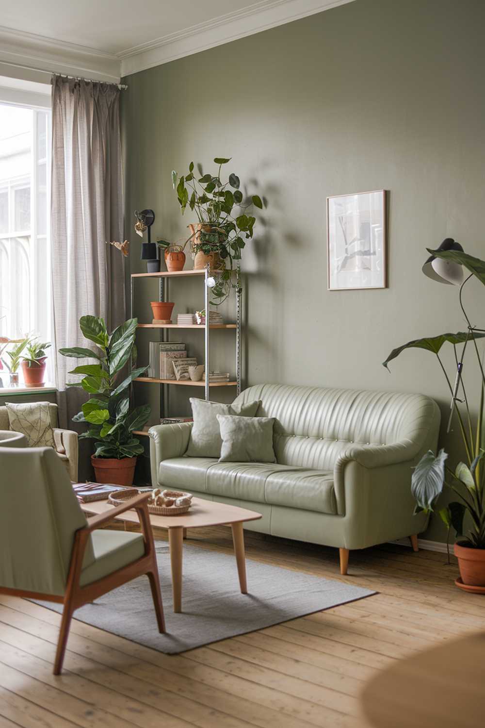 A cozy sage green Scandinavian living room. The room has a sofa, a few chairs, a coffee table, and a shelf. The walls are sage green, and the floor is wooden. There are potted plants, a lamp, and a few decorative items in the room. The lighting is soft.