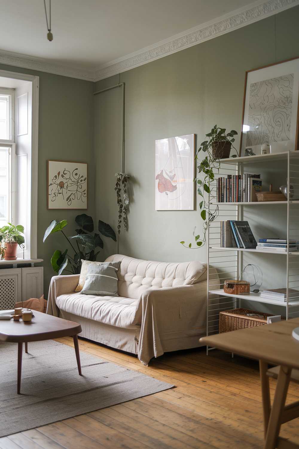 A cozy Scandinavian living room with sage green walls. There is a beige sofa with a few pillows, a brown coffee table, and a white bookshelf. The bookshelf has a few books and some decorative items. There is a plant near the window. The floor is made of wood. There is a rug in front of the sofa. The room has a few pieces of artwork on the walls.