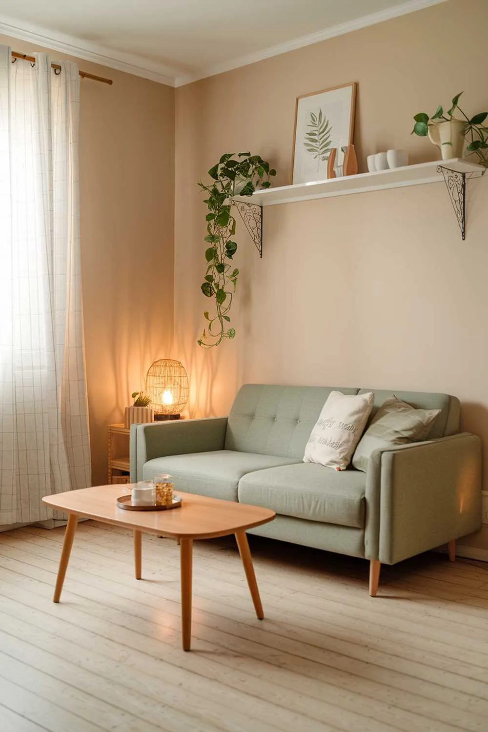 A Scandinavian-style living room with a cozy ambiance. The room has a sage green sofa with a few throw pillows. There's a wooden coffee table in the middle of the room. A green plant sits on a white shelf above the sofa. The walls are painted in a soft beige color. A warm glow comes from a lamp on the white shelf. The wooden floor has a light finish.