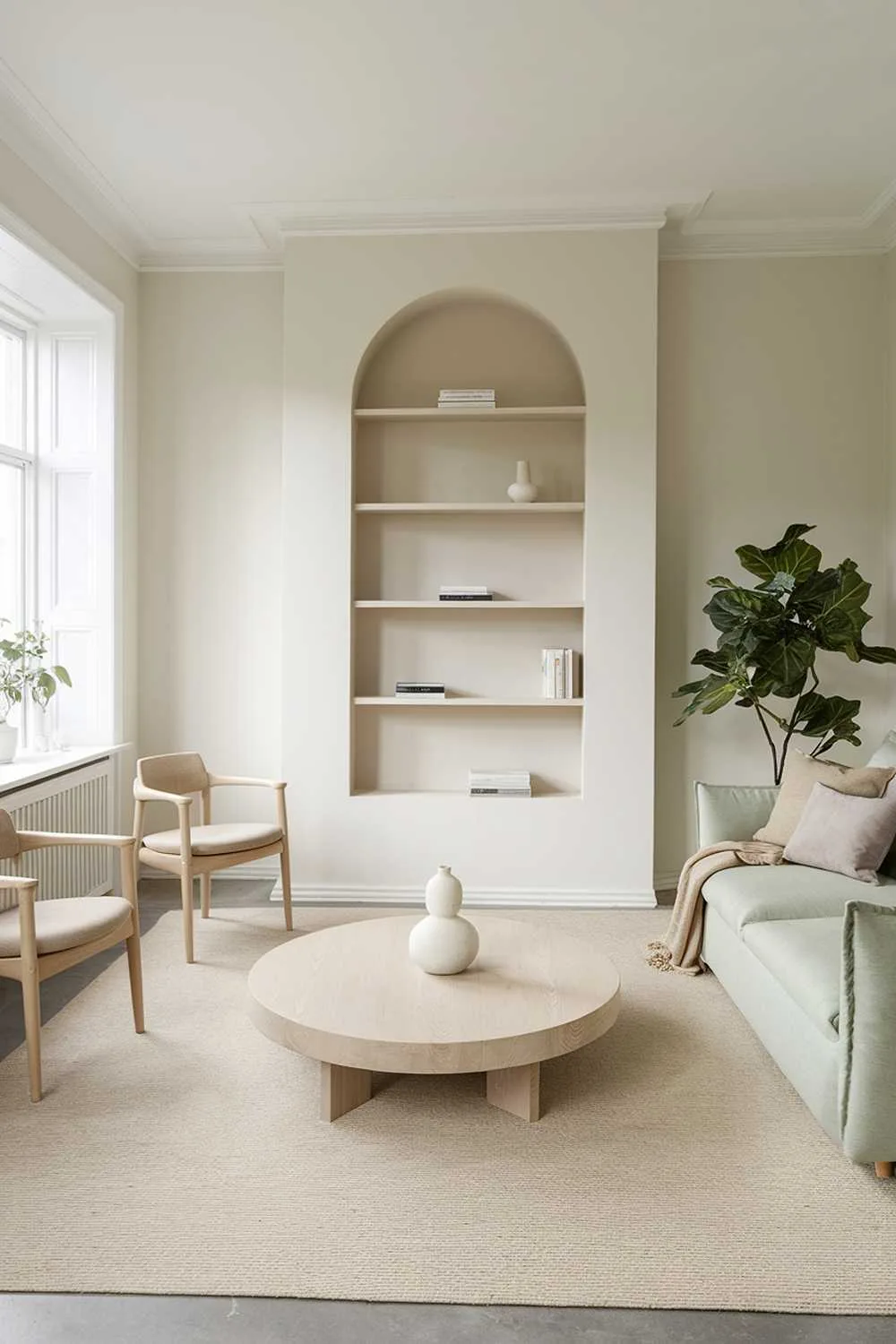 A sage green Scandinavian living room design. There is a large, light wood coffee table in the center with a white vase on it. There are two light wood chairs with beige cushions placed near the window. A beige rug is placed under the coffee table. On the wall, there is a large white shelf with a few items. The room has a beige sofa with a few pillows. There is a potted plant near the sofa. The walls and ceiling are white