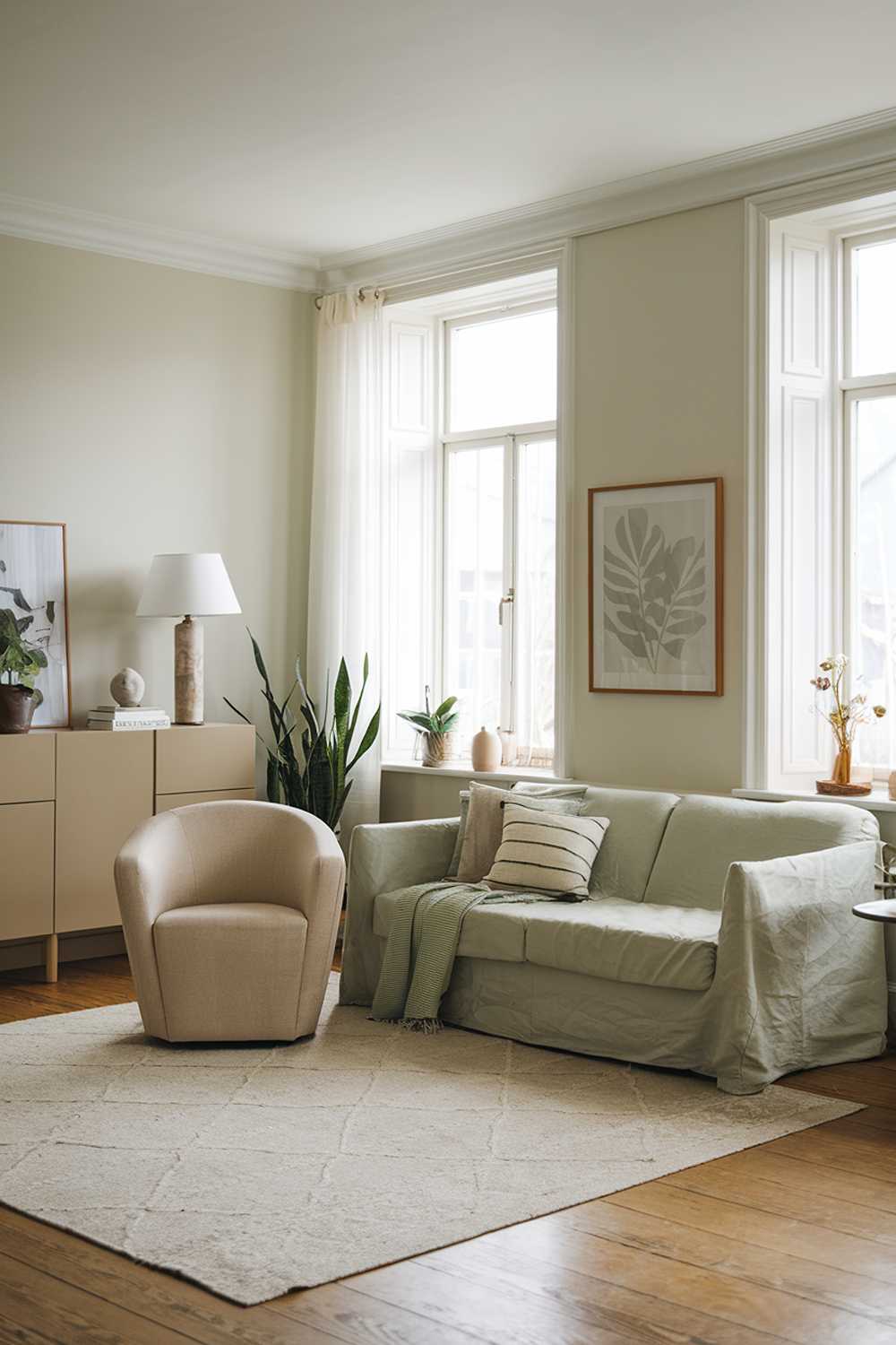 A cozy sage green Scandinavian living room with a beige area rug, a beige sofa with a few throw pillows, a beige chair, a beige cabinet, and a beige lamp. A few decorative items, including a green plant and a few books, are placed on the beige cabinet and the beige lamp. The walls and the ceiling are painted white. The room has large windows with a white curtain. The floor is made of wooden planks.