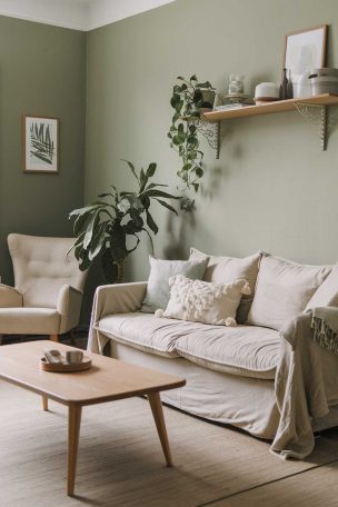 A sage green Scandinavian living room