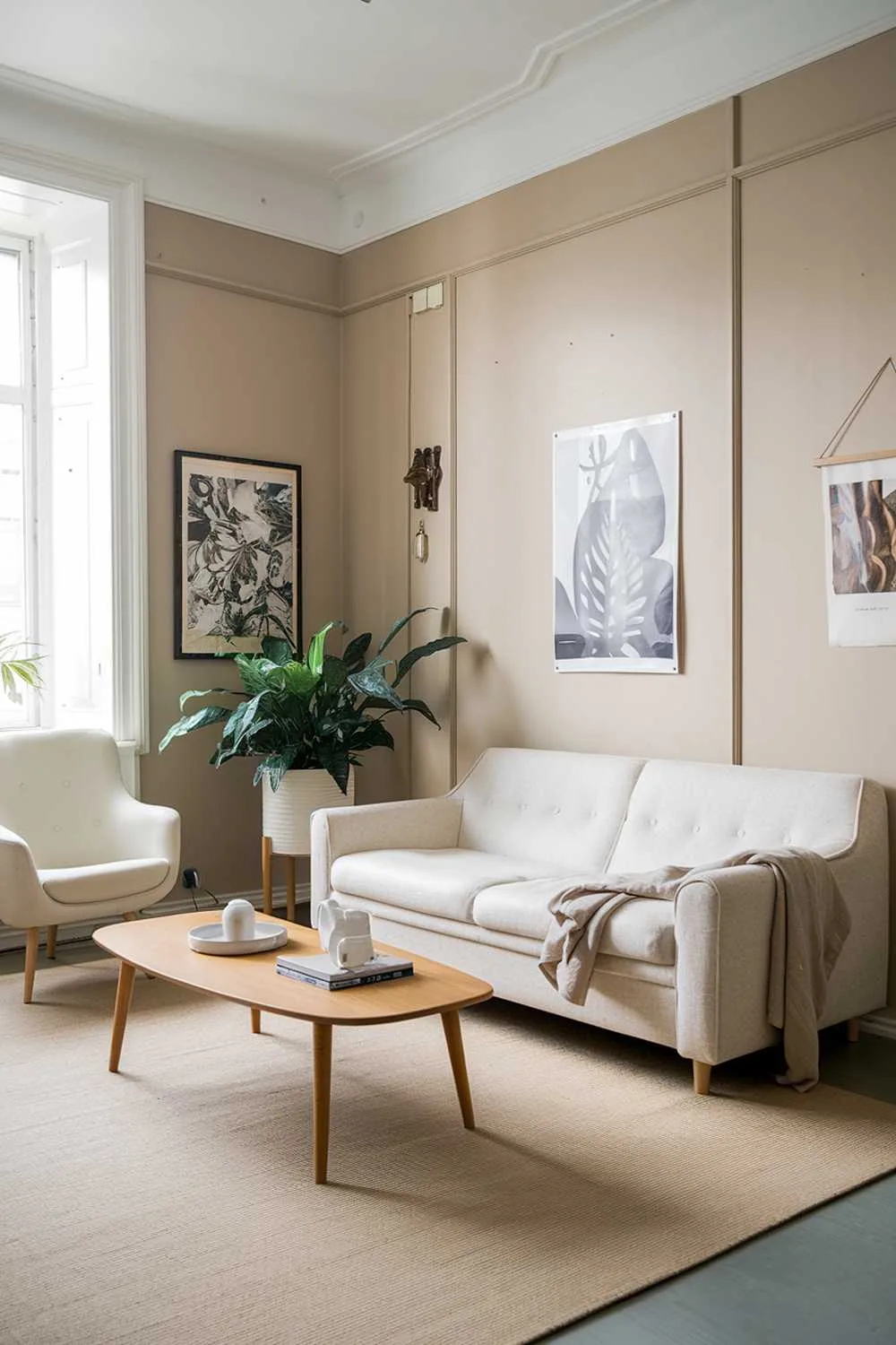 A Scandinavian apartment living room with a beige sofa, a white chair, and a wooden coffee table. There's a green plant in a white pot next to the sofa. The walls are painted beige and have a few pieces of artwork. There's a beige rug on the floor.