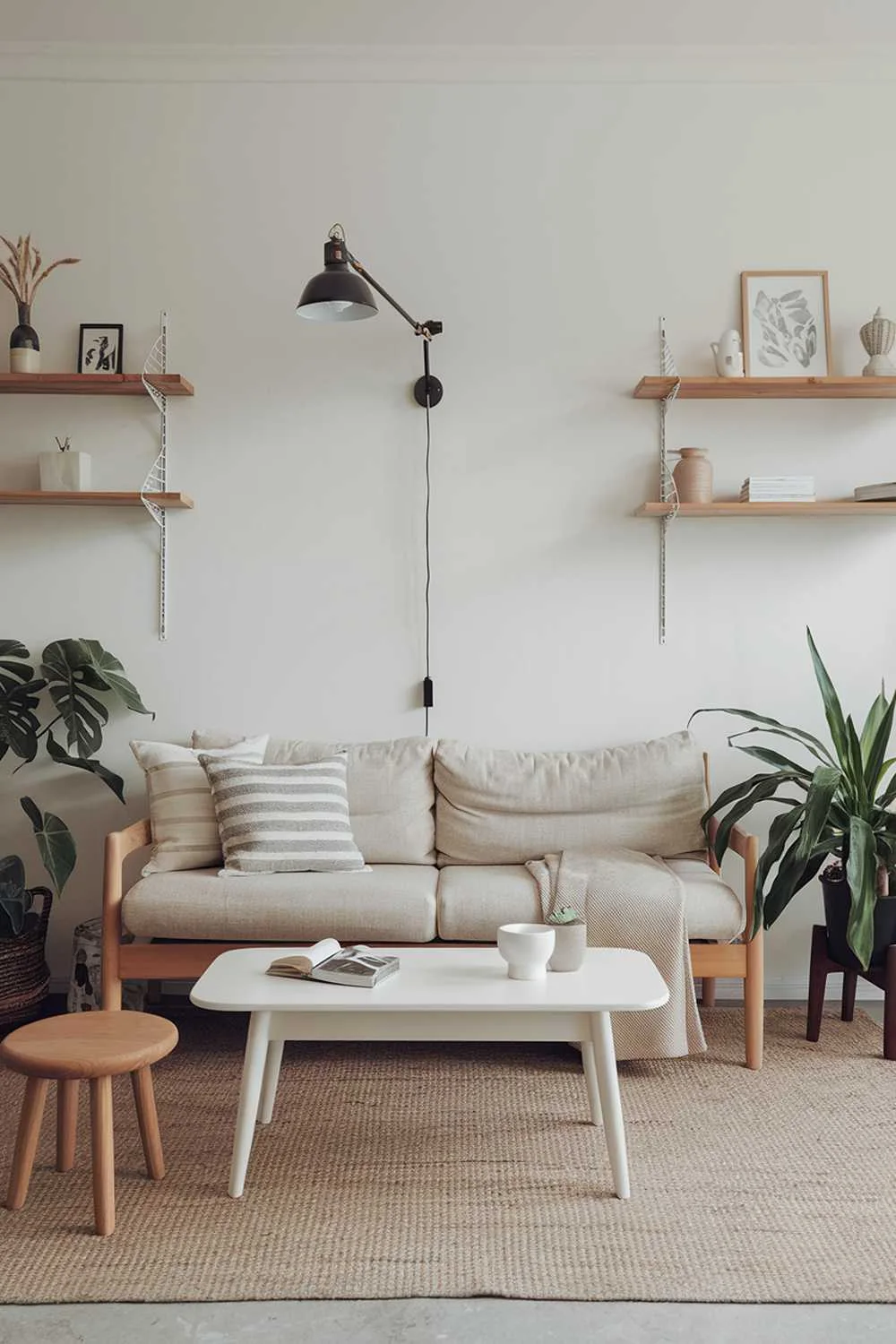 A Scandinavian apartment living room with a beige sofa, a white coffee table, and a potted plant. There's a wall lamp above the sofa. The floor is covered with a beige rug. The walls have wooden shelves with decorative items. There's a wooden stool near the coffee table.