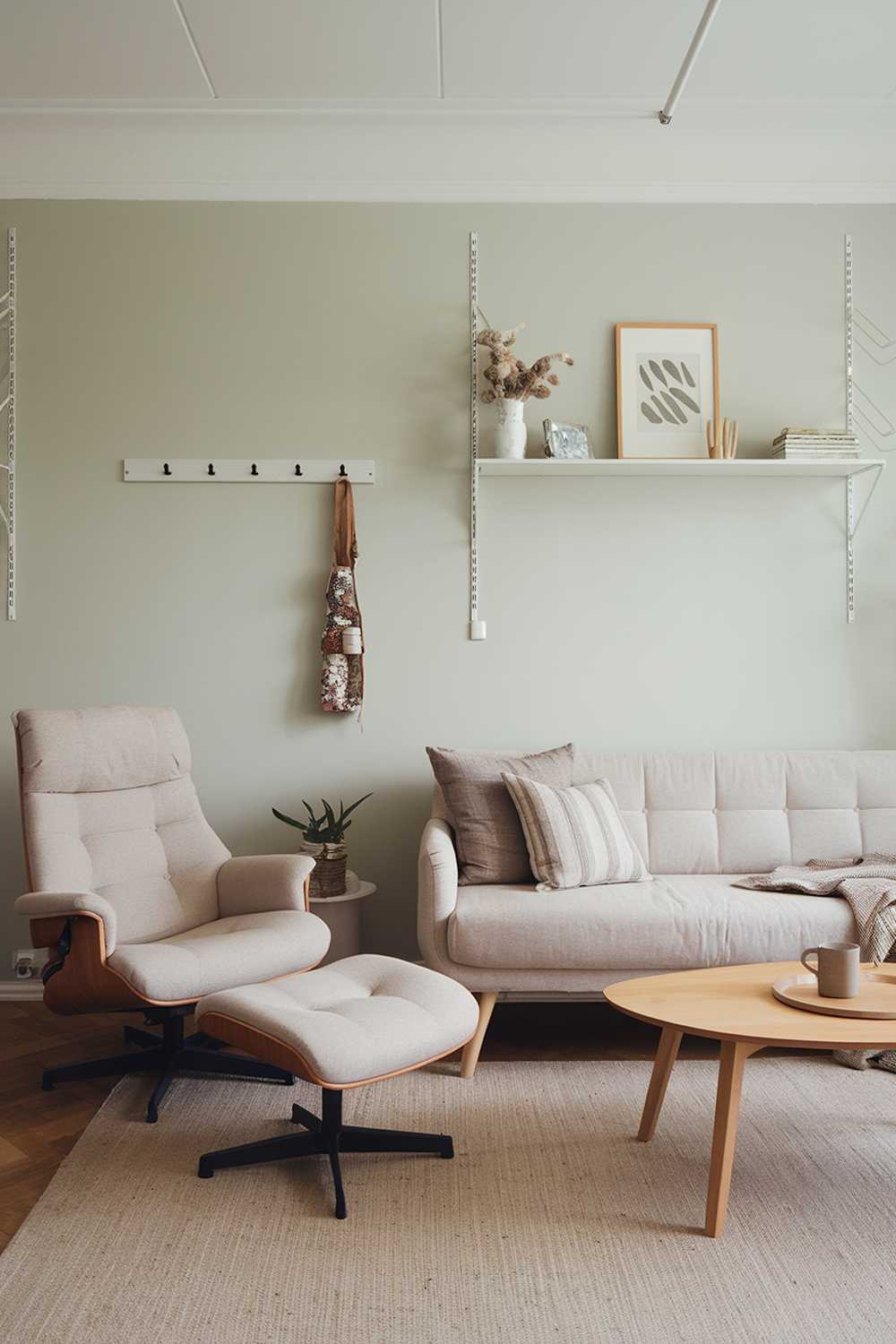 A Scandinavian-style living room in an apartment. The room has a beige sofa with a few cushions and a wooden coffee table in the middle. There's a beige chair with a wooden footstool beside the sofa. A white shelf above the sofa holds a few decorative items. The walls are painted in a soft gray color and have a few holes for hanging items. The floor is covered with a beige rug.