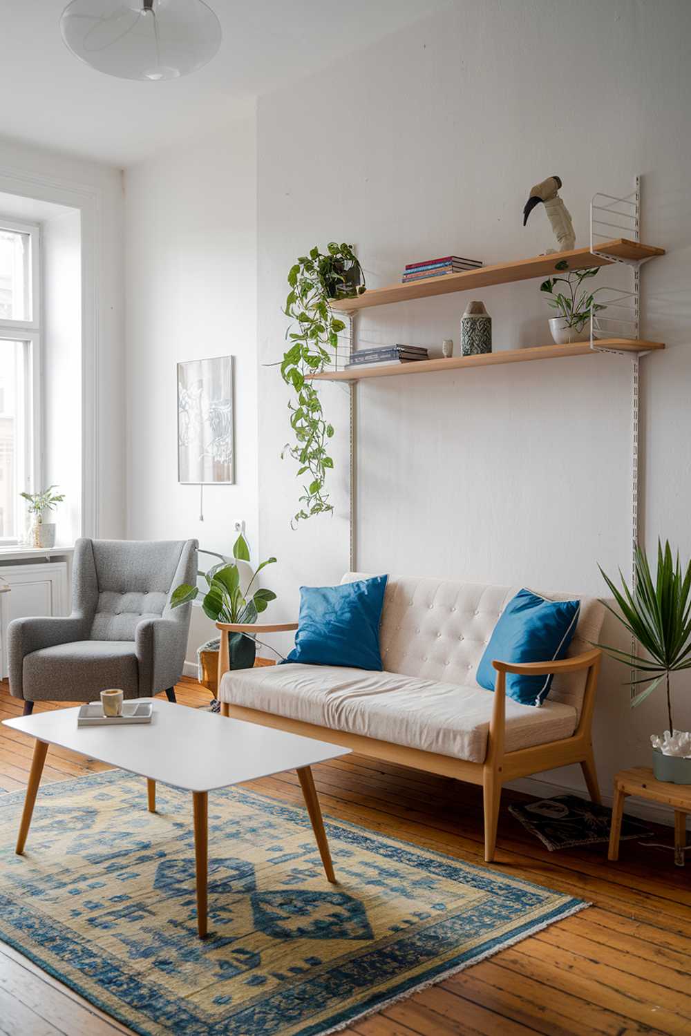 A Scandinavian-style living room in an apartment. There is a beige sofa with blue cushions, a white coffee table, and a gray armchair. A wooden shelf above the sofa holds a green plant, a few books, and a decorative item. The room has wooden floors and white walls. A rug with a blue and yellow pattern is placed under the furniture.