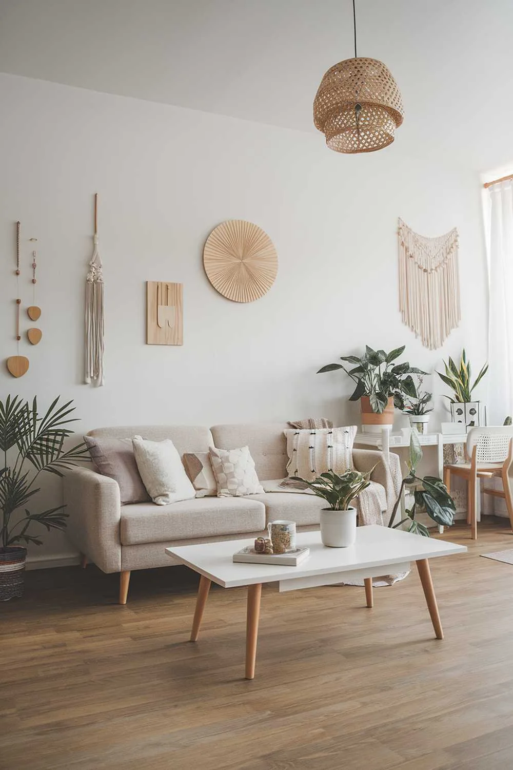 A Scandinavian apartment living room with a home decor design. The room has a beige sofa, a white coffee table, and a few plants. There are also some wooden decorations on the wall. The floor is made of light brown wood.