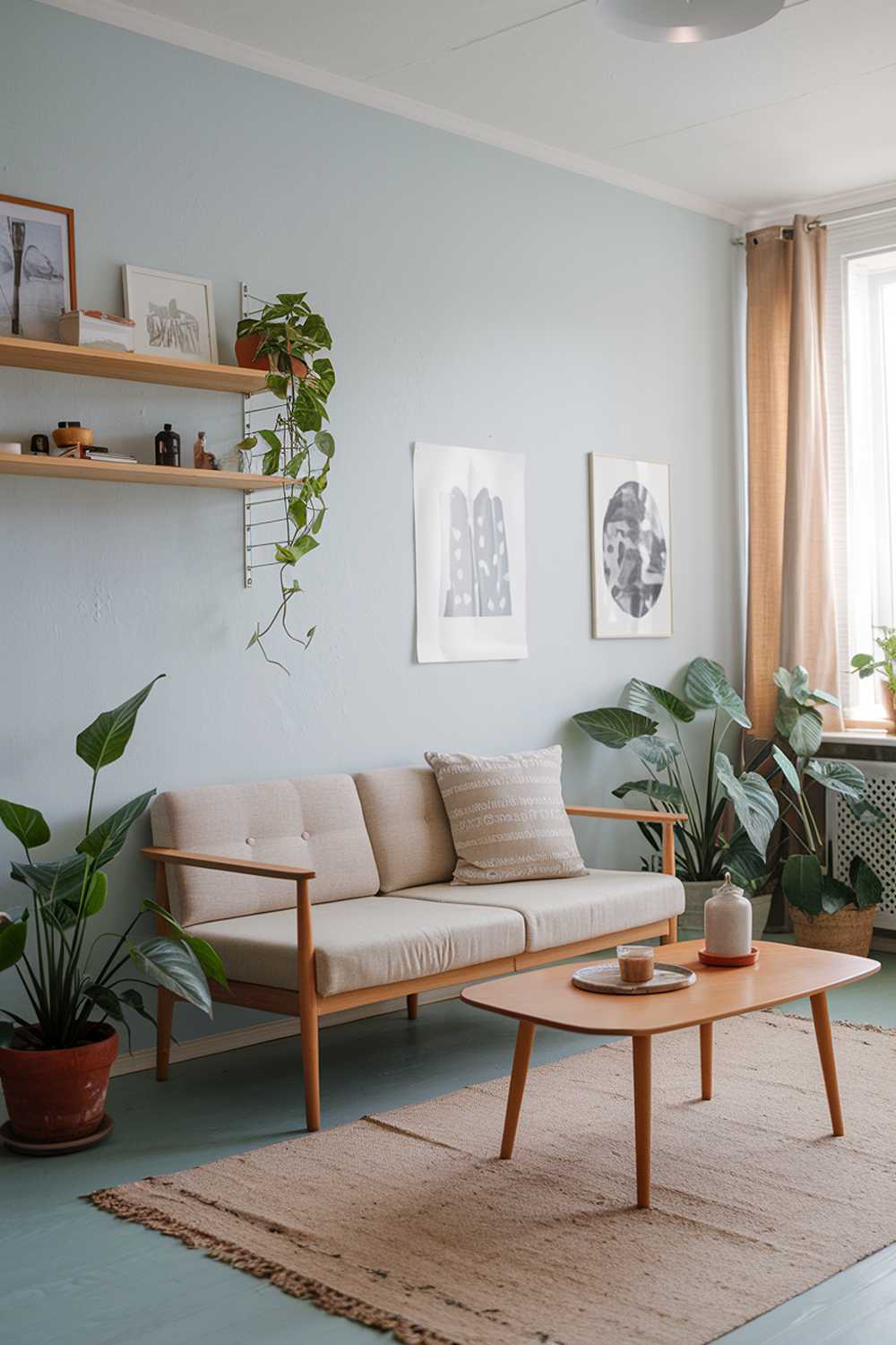 A Scandinavian apartment living room with a home decor design. There's a beige sofa with pillows and a wooden coffee table. The room has a beige rug and a few potted plants. The walls are painted in light blue and have a few pieces of artwork. There's a wooden shelf above the sofa with a few items.