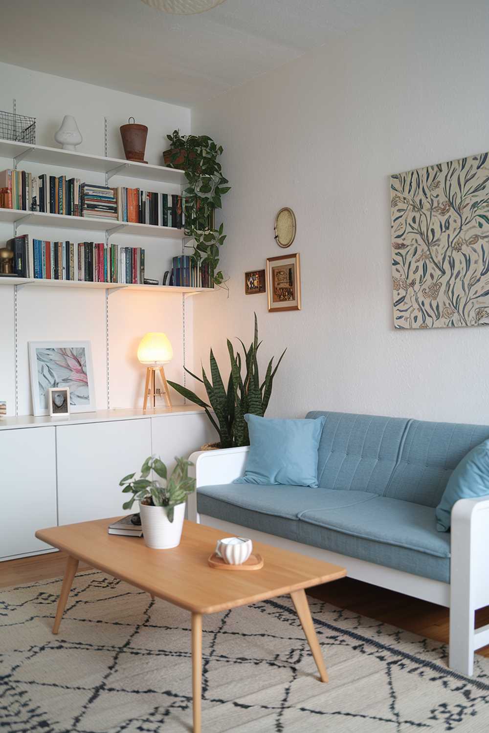 A Scandinavian small apartment living room with a home decor design. The room has a white sofa with blue cushions and a wooden coffee table in the center. There's a white bookshelf on the left wall filled with books and decorative items. A potted plant and a lamp sit on the bookshelf. The wall has a painting with a floral pattern. The floor is covered with a patterned rug.