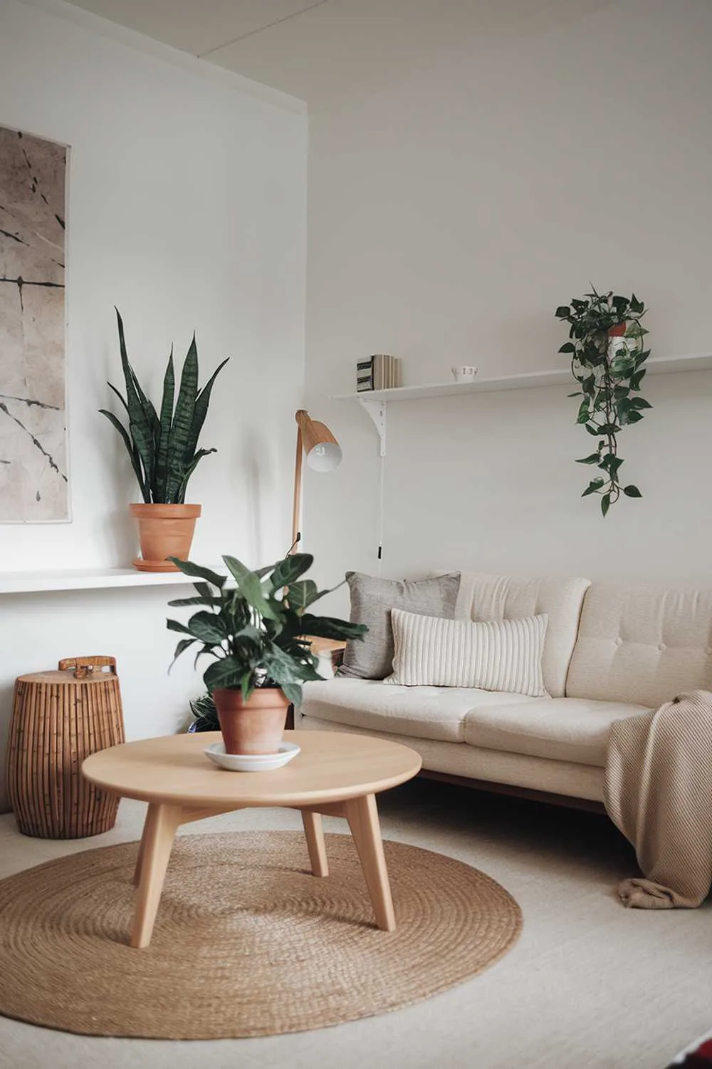 A Scandinavian small apartment living room with a home decor design. There is a beige sofa with a few cushions, a wooden coffee table with a round rug beneath it. There are two potted plants, one on the coffee table and another on a white shelf above the sofa. There is a wooden lamp on the coffee table. The walls are painted white, and there is a large artwork on the wall. The floor is covered with a beige rug