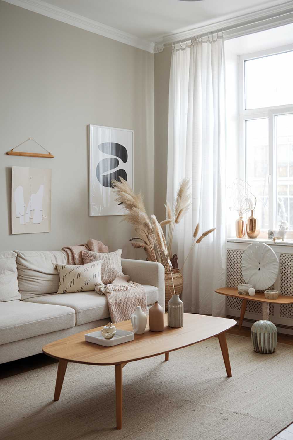 A Scandinavian small apartment living room with a home decor design. The room has a beige sofa, a wooden coffee table, and a few decorative items. There is a large window with white curtains. The walls are painted in a light gray color. The floor is covered with a beige rug.