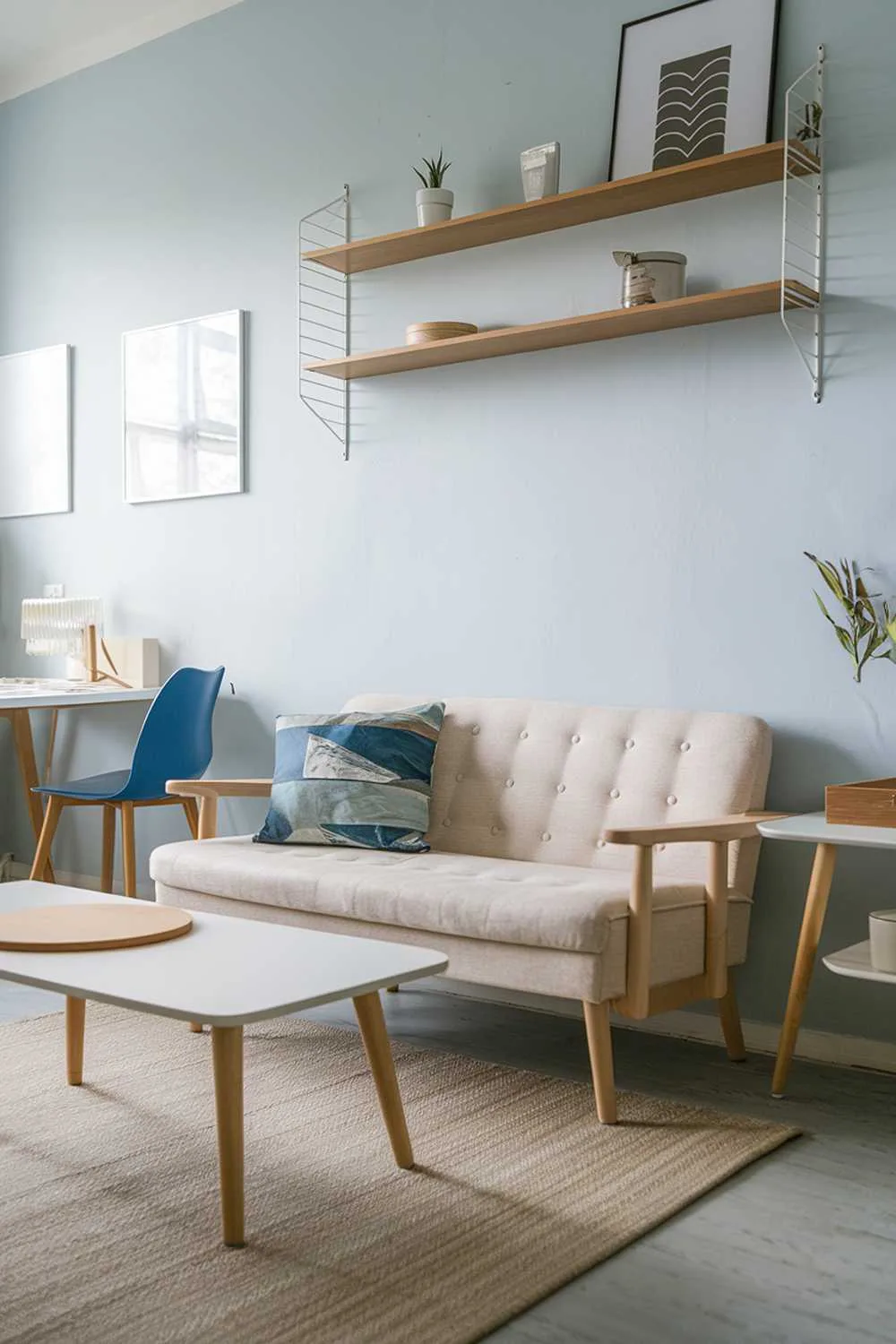 A Scandinavian-style small apartment living room. There's a beige sofa with wooden legs, a few cushions, and a blue chair. There's a white coffee table with a wooden top in front of the sofa. A wooden shelf above the sofa holds a few items. The wall is painted light blue. The floor is covered with a beige rug.