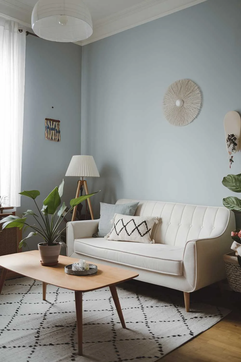  A Scandinavian-style small apartment living room. There's a white sofa with a few cushions, a wooden coffee table, and a potted plant. The walls are painted in light blue. There's a white lampshade on the coffee table and a decorative object on the wall. The room has a rug and a few decorative objects.