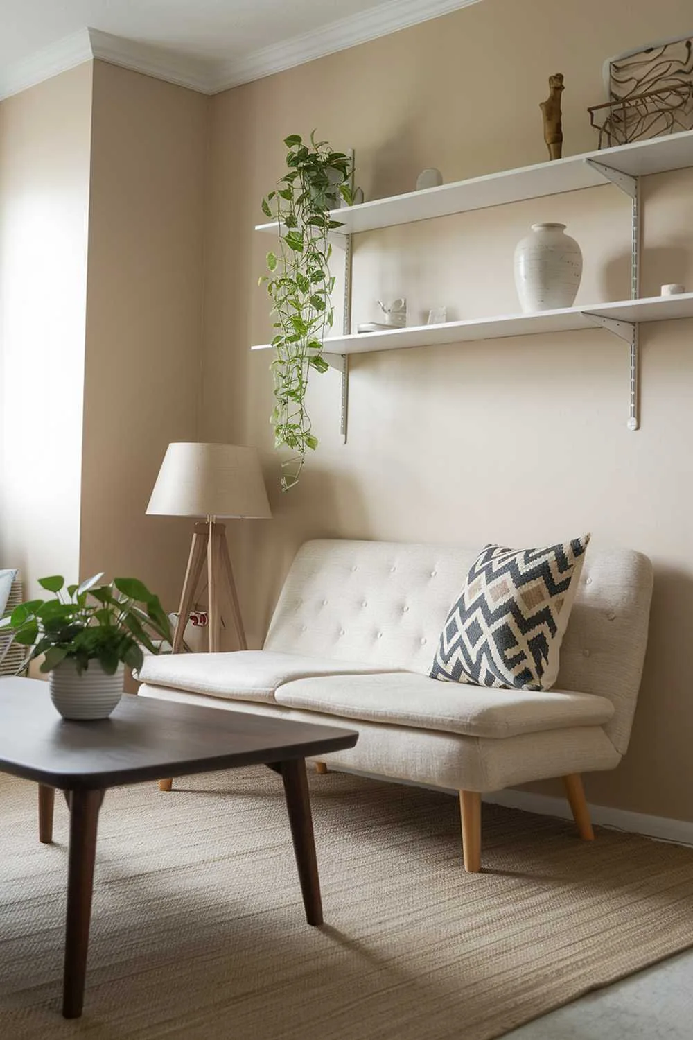 A Scandinavian-style small apartment living room. There's a beige sofa with wooden legs and a patterned throw pillow. A dark wooden coffee table sits in front of the sofa. A green plant in a white pot sits on the table. A beige rug covers the floor. The walls are painted beige. There are white shelves above the sofa, holding a white vase and a few decorative items. A lamp with a beige shade sits on the floor near the sofa.