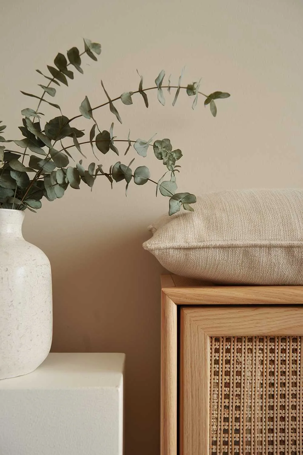 A home decor design of a Scandinavian apartment living room. The photo has a wooden frame with a beige cushion on top. There is a white vase with greenery on the left. The background is a beige wall.