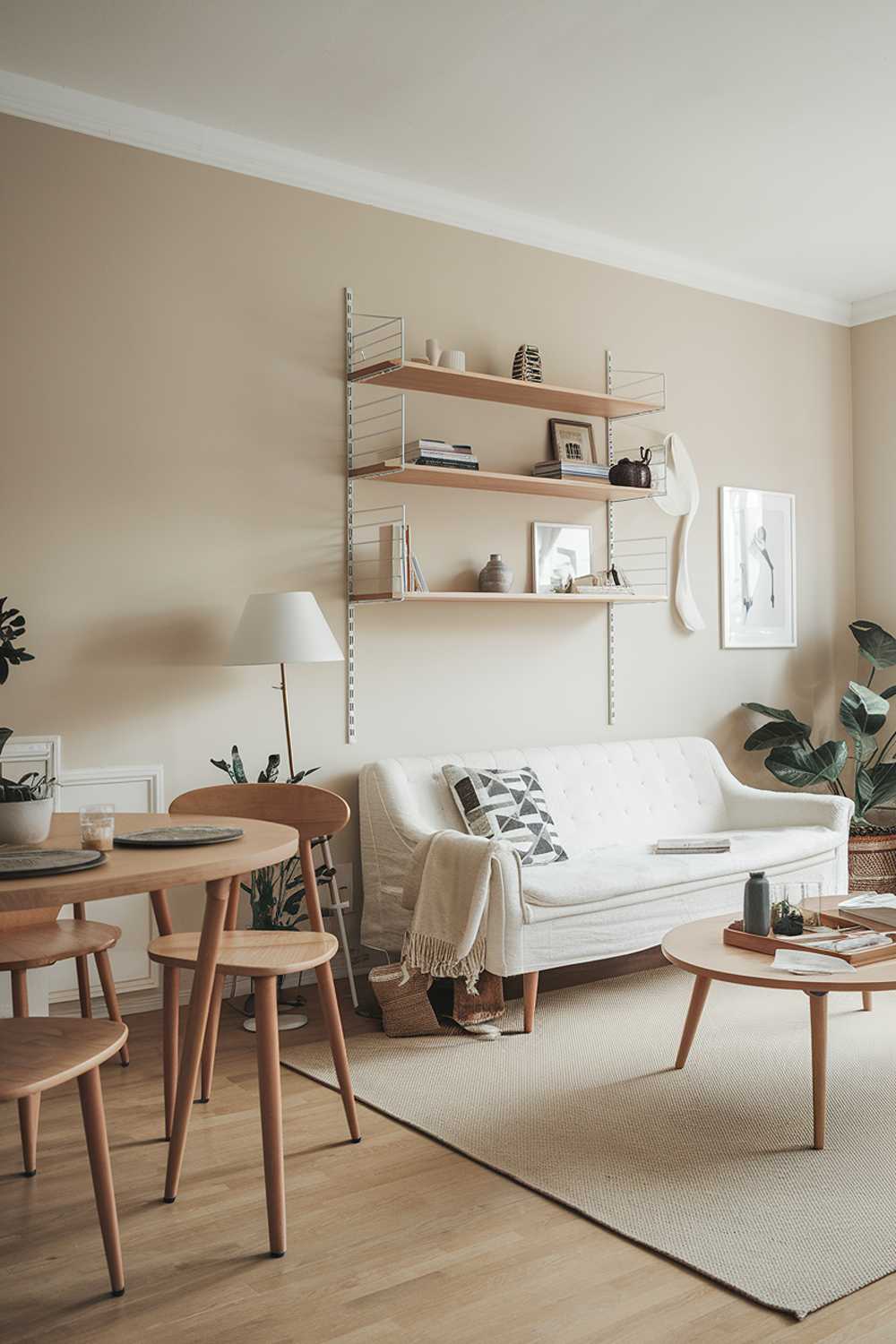 A Scandinavian-style living room in an apartment. The room has a white sofa, a few chairs, a coffee table, and a lamp. There's a wooden shelf with a few items on the wall behind the sofa. The floor is made of light wood. The walls are painted beige.