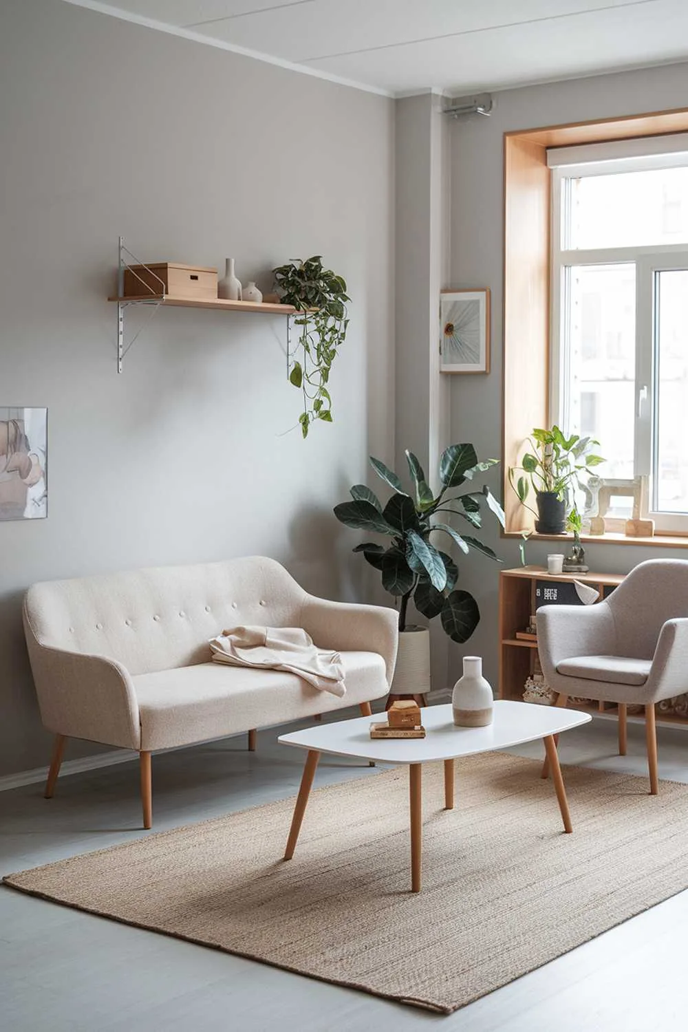 A Scandinavian home decor design in an apartment living room. The room has a beige sofa with wooden legs, a white coffee table, and a gray chair. There's a potted plant near the window. The walls are painted in a light gray hue. The floor is covered with a beige rug. There are a few decorative items, including a wooden box and a ceramic vase, placed on the coffee table and the floor. The room has a wooden shelf near the window, holding a green plant and a few decorative items.