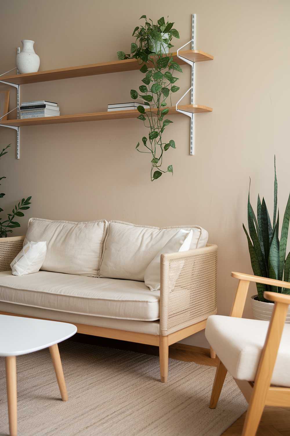 A home decor design of a Scandinavian apartment living room. There's a beige sofa with white cushions, a white coffee table, a wooden chair, and a green plant. The walls are painted in a soft beige hue, and there's a wooden shelf above the sofa. The floor is covered with a beige rug.