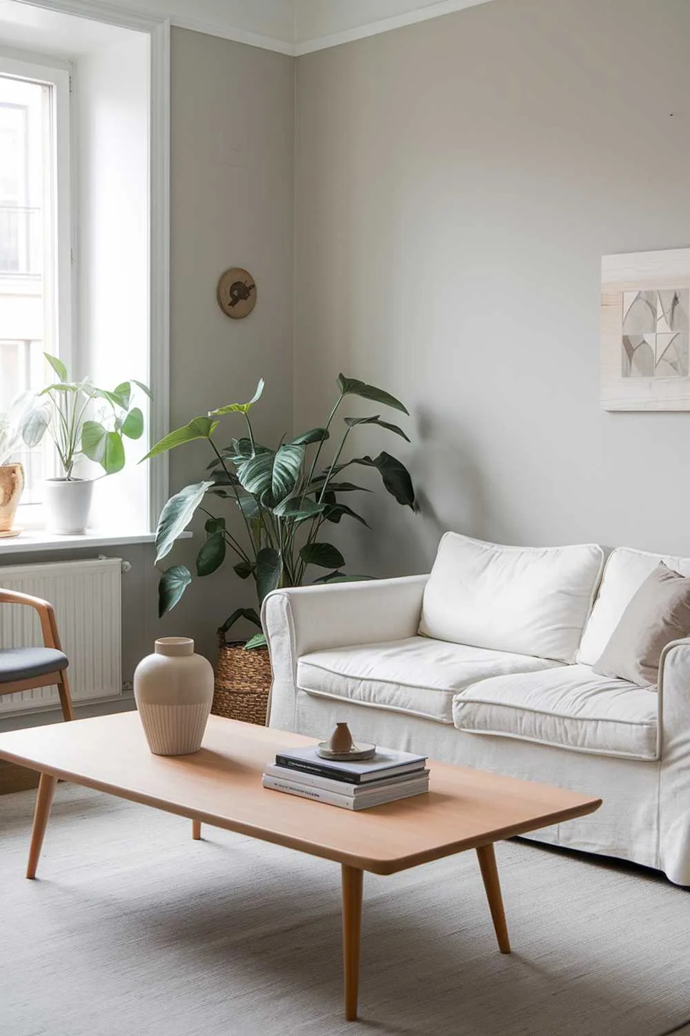 A Scandinavian apartment living room with a home decor design. There's a white sofa with cushions and a wooden coffee table in the middle of the room. A few decorative items, including a vase and a few books, are placed on the coffee table. A potted plant is placed near the window. The walls are painted in a light gray color.