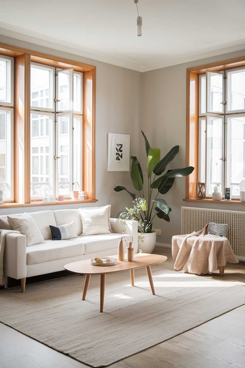 A Scandinavian apartment living room with a home decor design. The room features a white sofa with beige cushions, a beige rug, and a few decorative items. There's a wooden coffee table in the middle, and a large potted plant near the sofa. The walls are painted in a light gray color. The room has large windows with wooden frames, allowing natural light to fill the space.