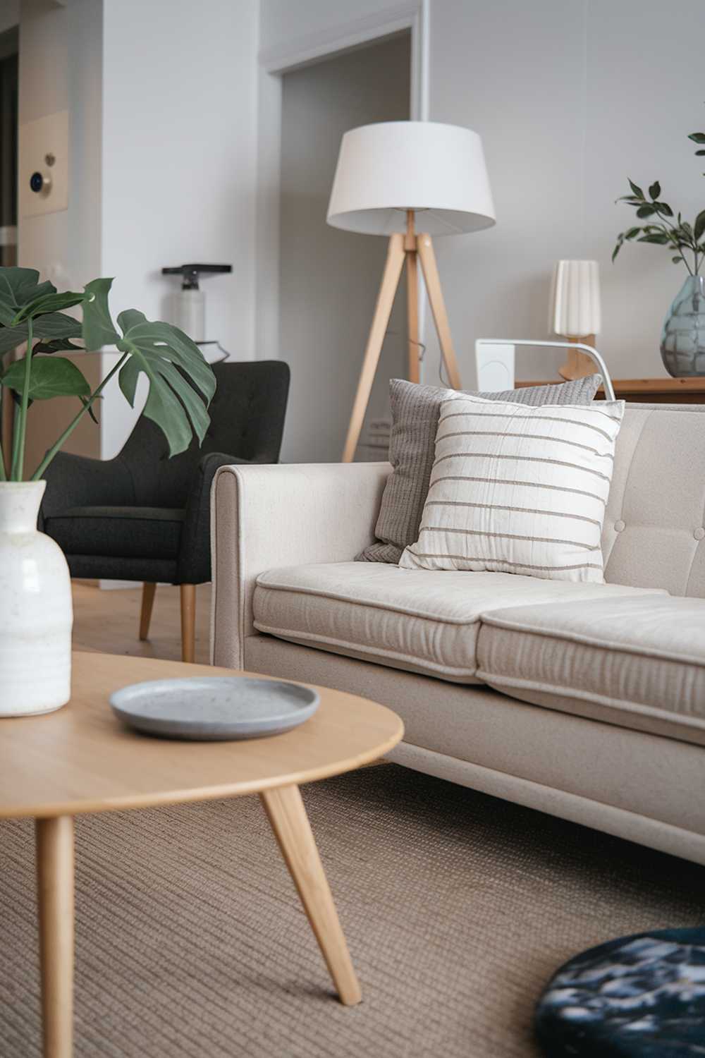 A Scandinavian apartment living room with a home decor close up shot. There's a beige sofa with a few throw pillows. There's a wooden coffee table with a white vase and a green plant. In the background, there's a dark gray chair and a white lamp. The floor is covered with a beige rug.