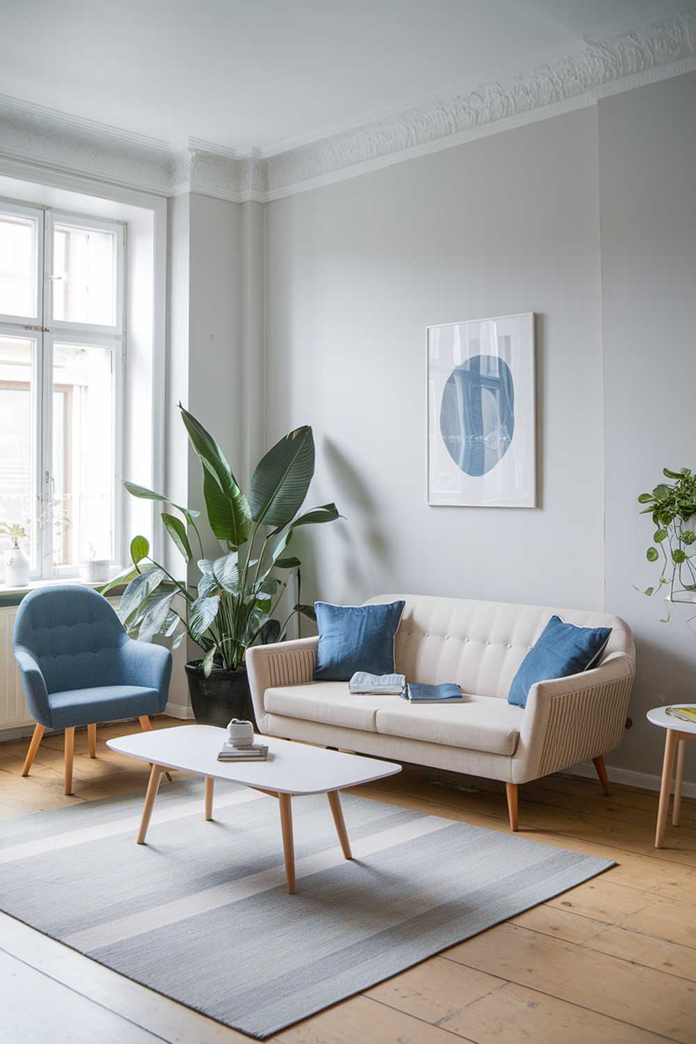 A Scandinavian-style living room in a modern apartment. There's a beige sofa with blue cushions and a small blue chair. There's a white coffee table with a wooden base. The walls are painted light gray. There's a large potted plant near the sofa.