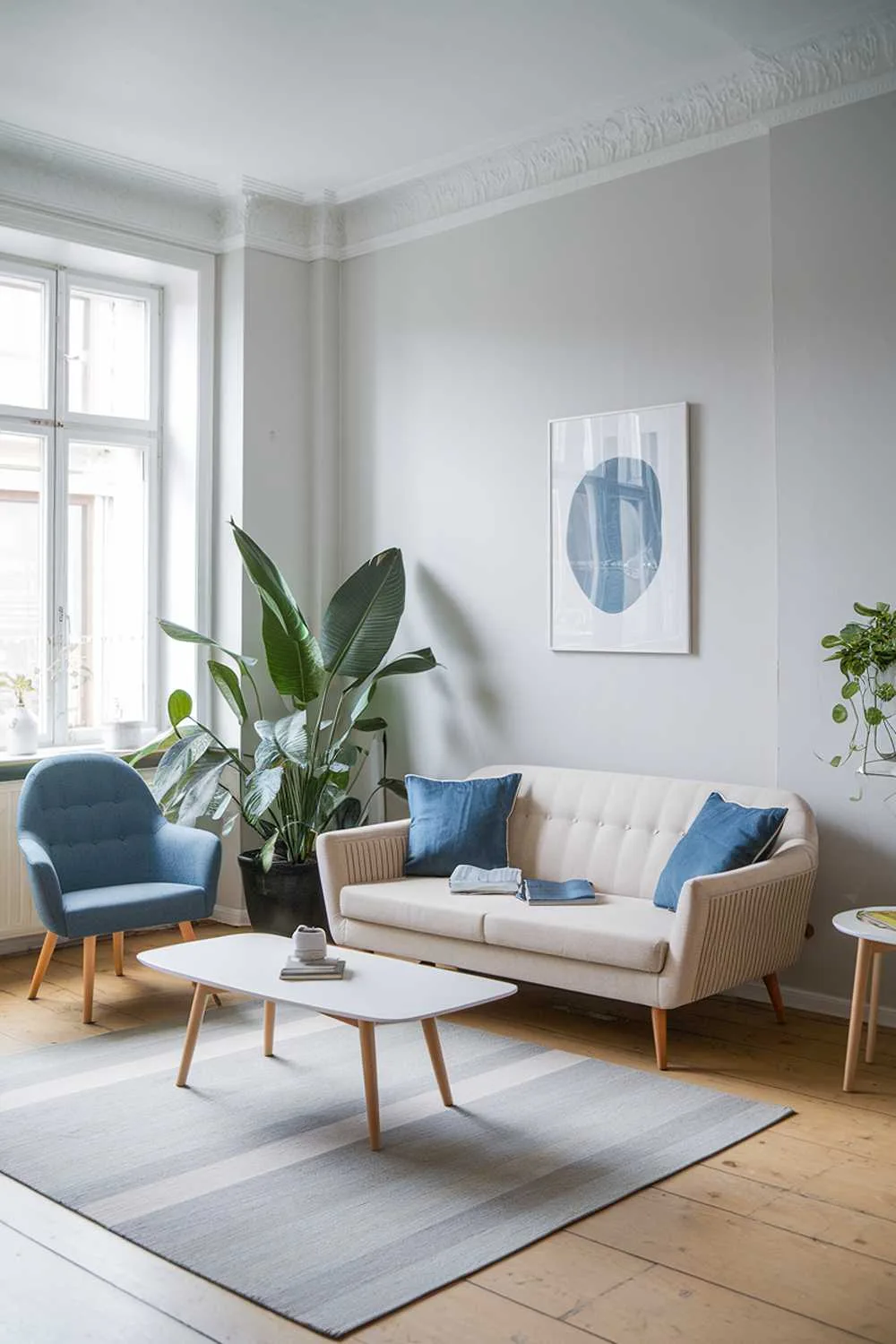 A Scandinavian-style living room in a modern apartment. There's a beige sofa with blue cushions and a small blue chair. There's a white coffee table with a wooden base. The walls are painted light gray. There's a large potted plant near the sofa.