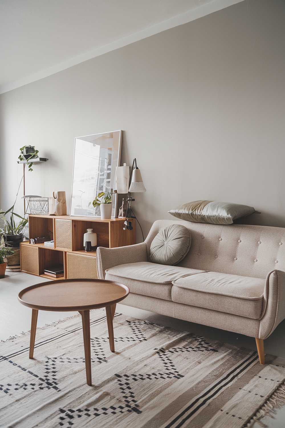 A Scandinavian apartment living room decor. There's a beige sofa with a few cushions on top. There's a wooden coffee table with a round shape next to the sofa. The room has a rug with a geometric pattern. There are a few decorative items, including a plant, a lamp, and a wooden box. The walls are painted in a light gray color.