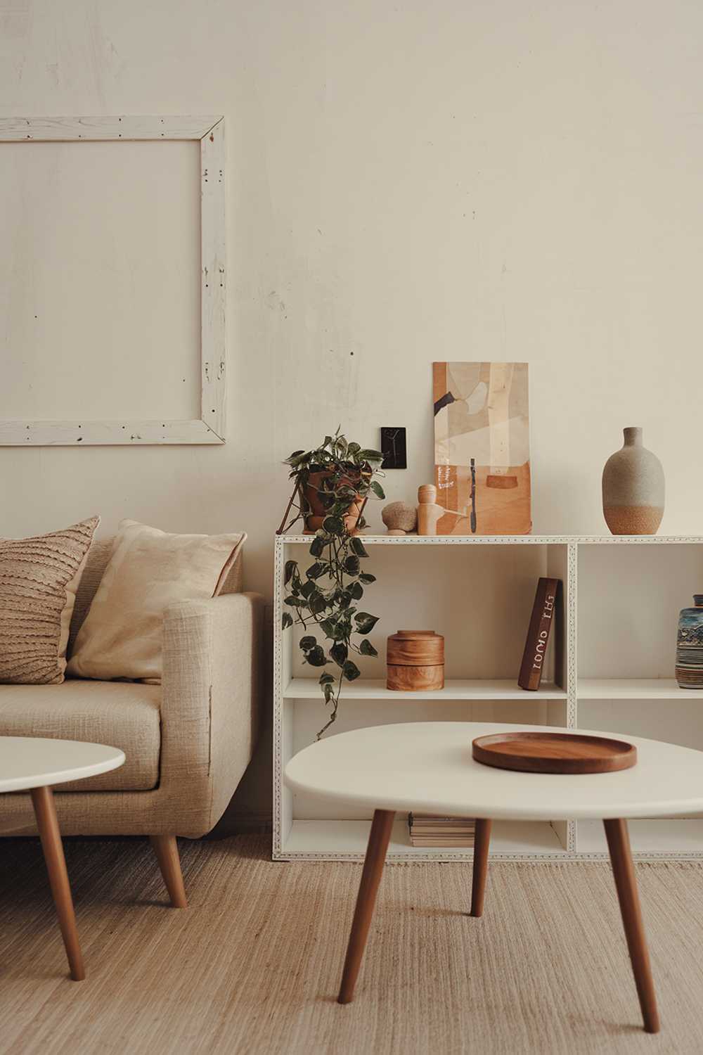  A home decor of a Scandinavian apartment living room design idea. There is a beige sofa with wooden legs, a white coffee table with a wooden top, and a white shelf. There are also some decorative items on the shelf, including a plant, a wooden box, and a ceramic vase. The floor is covered with a beige rug. The wall has a white wooden frame and a few nails. The overall design is minimalistic and has a warm, earthy color palette.