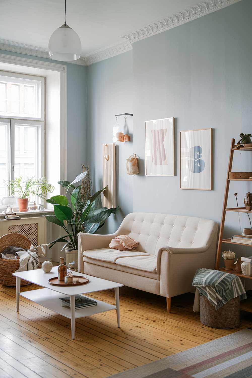 A Scandinavian apartment living room with home decor. The room has a beige sofa, a white coffee table, and a few wooden items. There's a green plant in the corner. The walls are painted in light blue. The room has wooden floors.