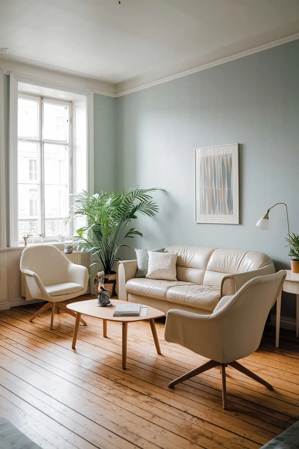 A Scandinavian-style living room in an apartment. The room has a beige sofa, two white chairs, and a wooden coffee table. There is a plant in the corner. The walls are painted in a light blue color. The floor is made of wooden planks.