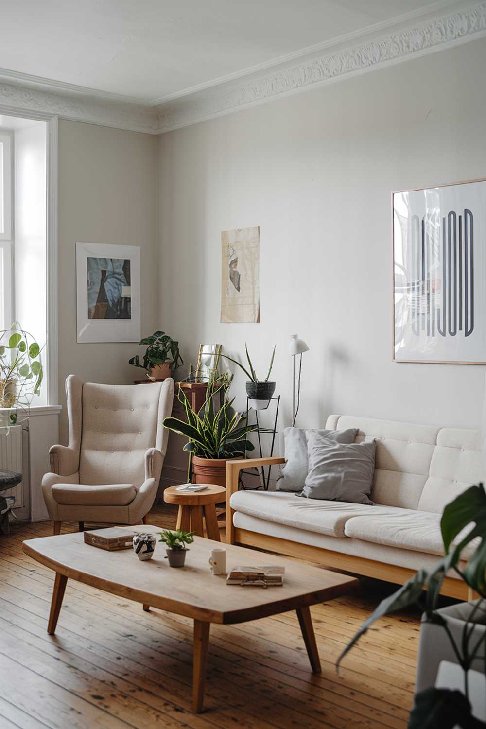 A Scandinavian apartment living room with a wooden coffee table and beige sofa. There's a beige armchair and a wooden stool. The walls are painted white and have a few pieces of artwork. The floors are made of wood. There are plants in the room.