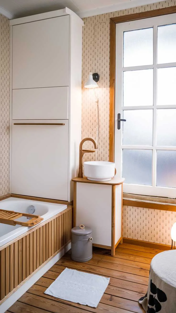 Scandinavian bathroom with wooden floor planks, white bathtub with wooden frame, and minimalist fixtures