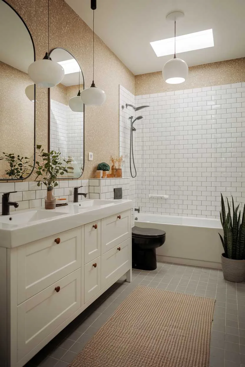 Cozy Scandinavian bathroom with white dual-sink vanity, mirror, black toilet, white bathtub, and gray tiled floor